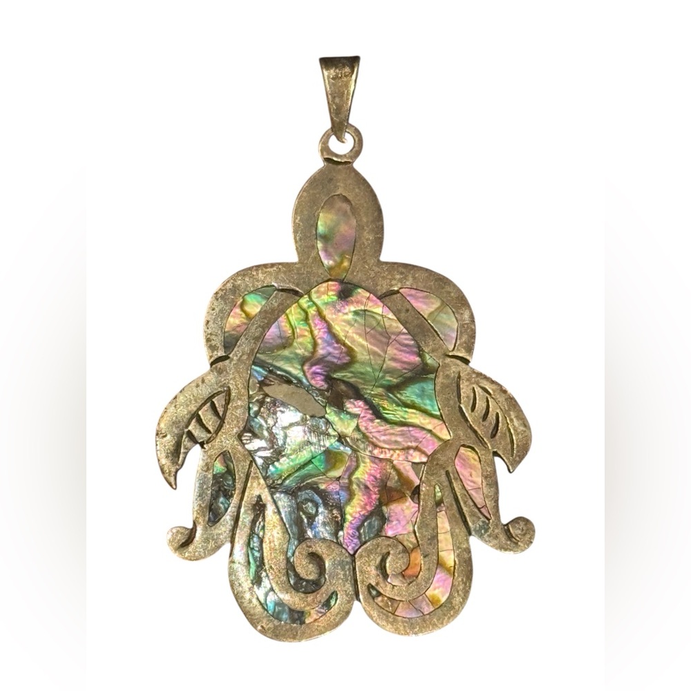 Elegant Vintsge Mexico Abalone Large Turtle 925  Iridescent Pendant